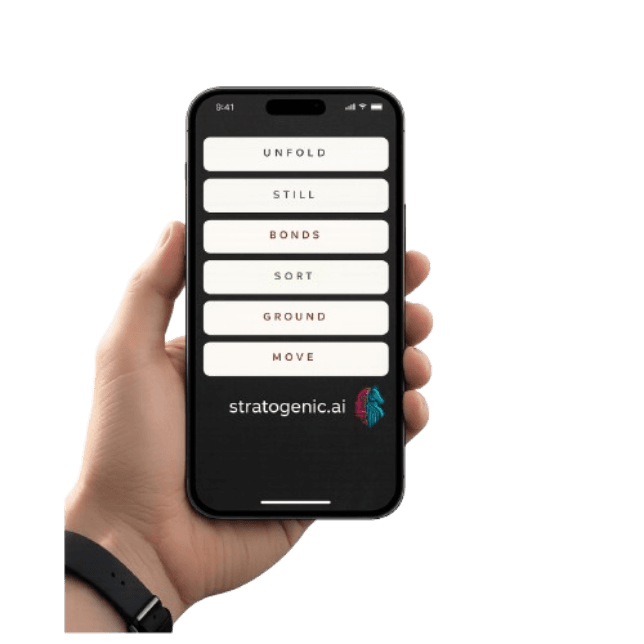 Six Stratogenic apps shown on a phone screen — Unfold, Still, Bonds, Sort, Ground, Move